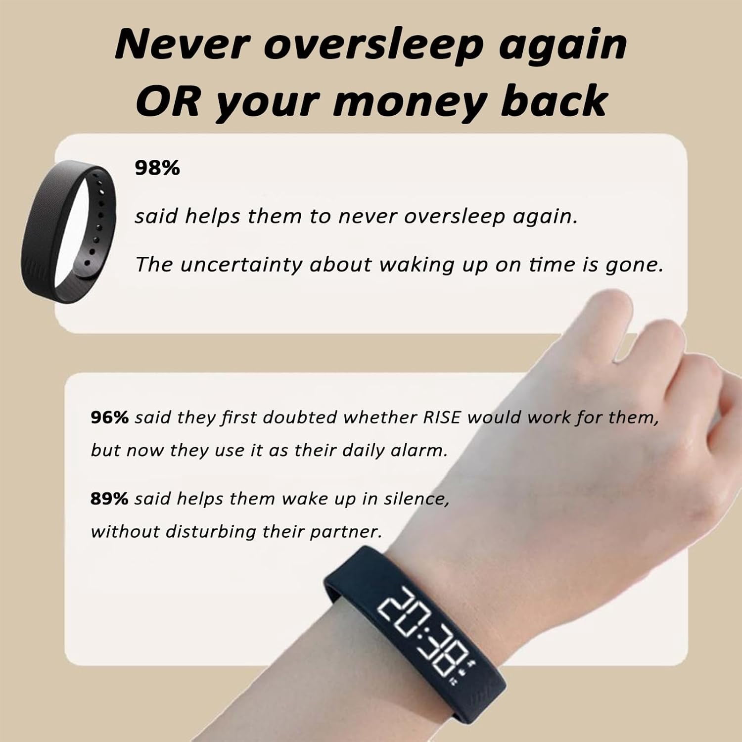 Rise Alarm Band, Alarm Clock Watch, Silent Vibration Wake-Up Wristband for Deep Sleepers, Snooze-Free Smart Watch for Men and Women