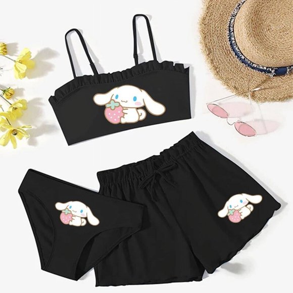 Summer Kawaii Children Girls Sanrios 3Pcs Swimsuit Anime Kuromi My Melody Hellokittys Cinnamoroll Cartoon Vest Underpants Shorts