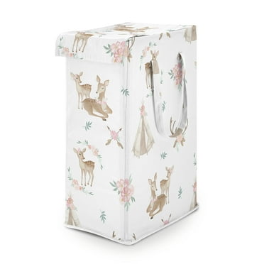 Sweet Jojo Designs Deer Floral White Taupe and Pink Foldable Laundry Hamper with Handles