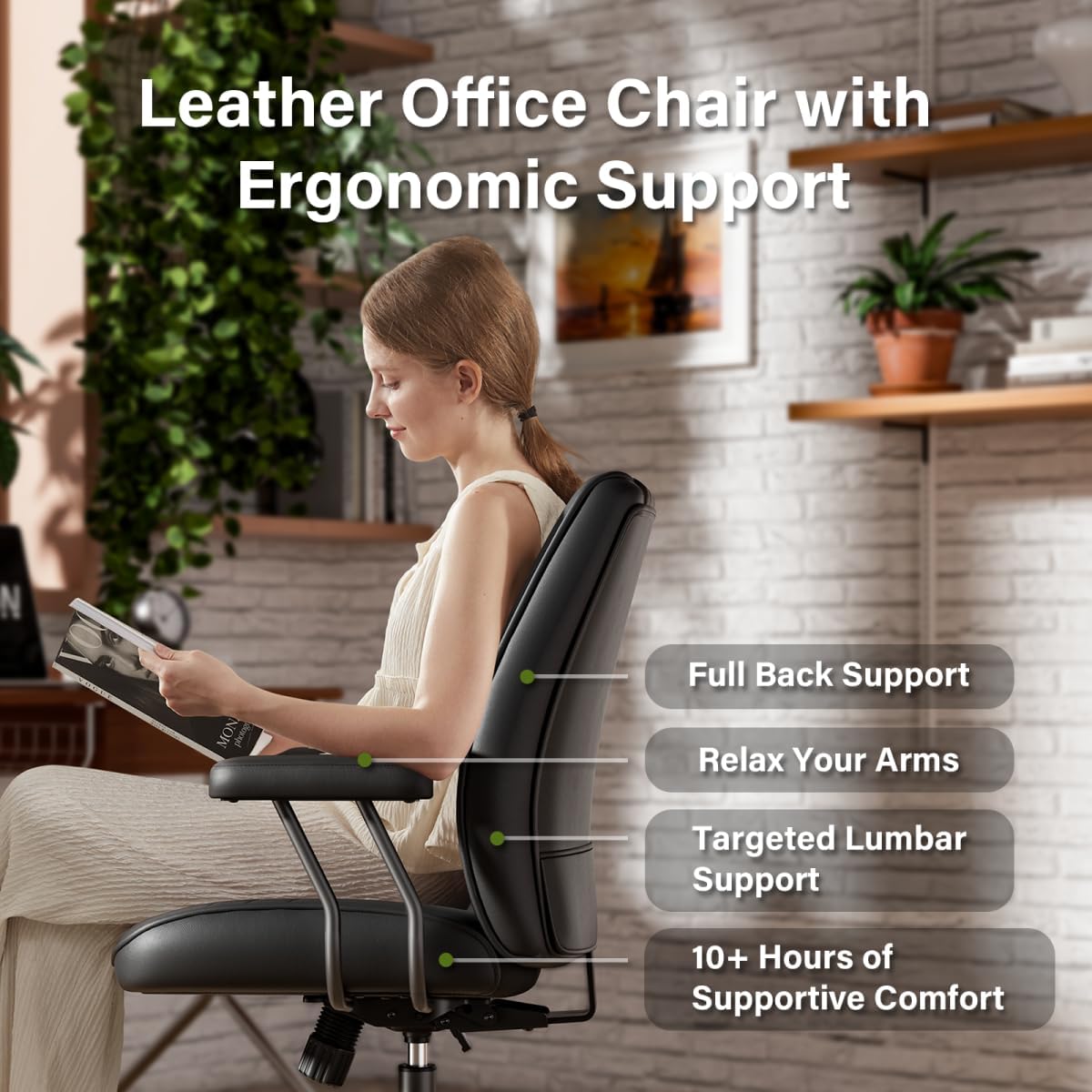 Genpo Black Leather Office Chair with Wheels Rubber Casters, Padded Arms and Adjustable Height, Mid Century Modern Style Vintage Desk Chair