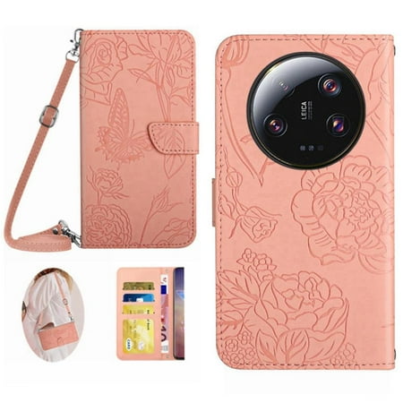 

Case for Xiaomi 14 Ultra Leather Wallet With Card Holder & Long Strap Soft PU Leather Butterflies And Flowers