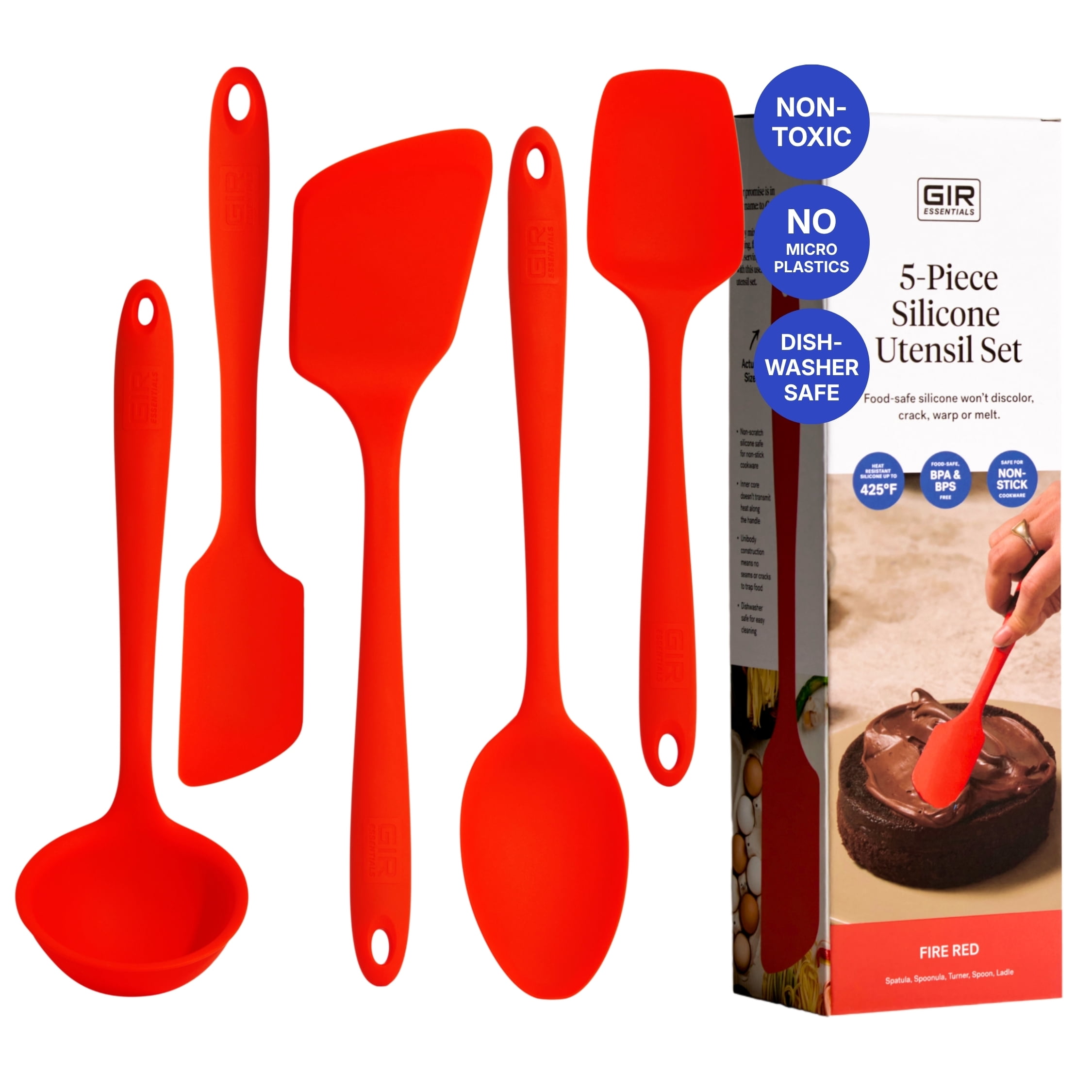 GIR Get It Right 5 Piece Essentials Silicone Cooking Utensils Set Nonstick Heat Resistant Kitchen Utensils for Cooking and Baking, Fire Red