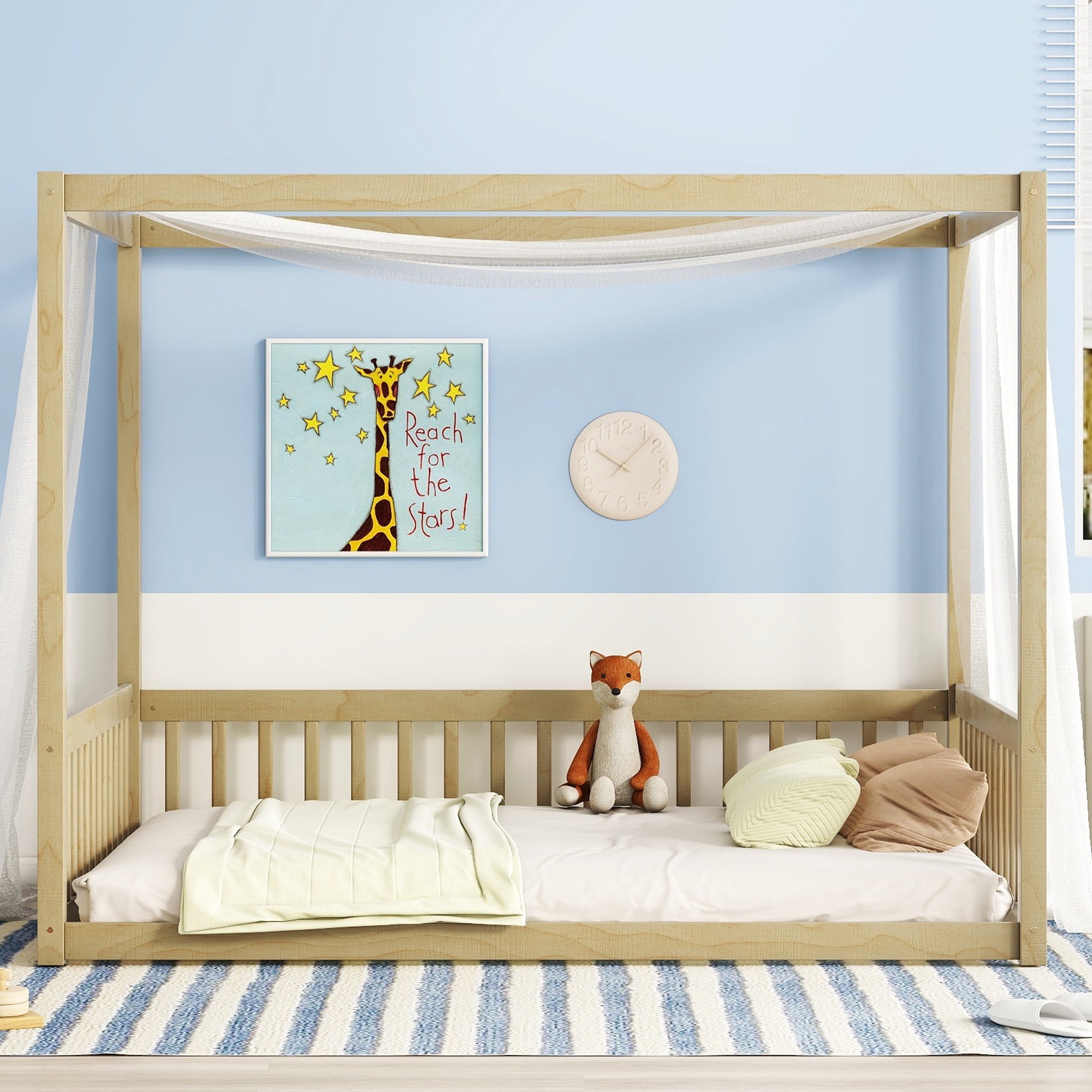 Miniyam Full Size Canopy FloorBed with Guardrails for Kids and Teens, Natural