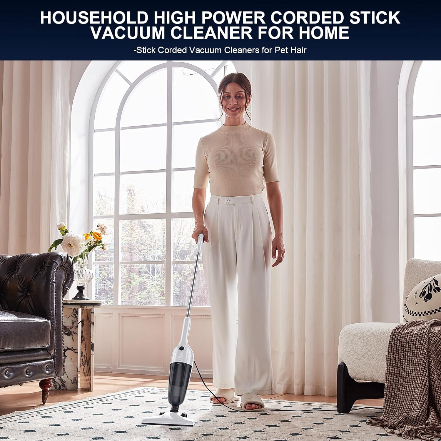 Vacuum Cleaners for Home - Corded Stick Vacuum Cleaner, Rechargeable High Power Vac for Pet Hair Carpet Hardwood Floor, Household Wireless Hand Lightweight Handheld Portable Car Vac, MC White