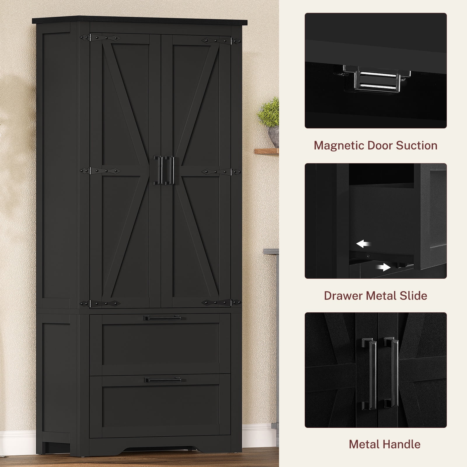 66.2" H Storage Cabinet with 2 Drawers, Farmhouse Kitchen Pantry Cabinet with 3 Doors & Adjustable Shelf, Handbag Storage Organizer, for Living Room, Kitchen, Bedroom, Black