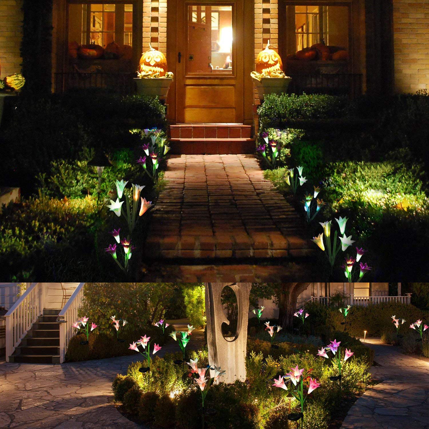 Outdoor Solar Garden Stake Lights, 2 Pack Solar Powered Lights with 8 Lily Flower, Multi-Color Changing LED Solar Landscape Lighting Light for Garden, Patio (Outdoor Solar Garden Stake Lights-2) - image 3 of 5