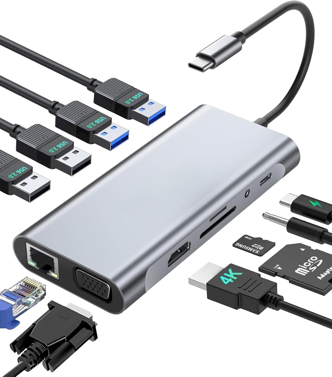 USB C HUB, USB C Adapter 11 in 1 Dongle with 4K HDMI, VGA, PD 100W, 1 X USB 3.0, 3 X USB 2.0 Ethernet, SD/TF Card Reader, 3.5mm Headphone Jack for iPhone 17/16 MacBook Pro/Air, Other Type C Laptops