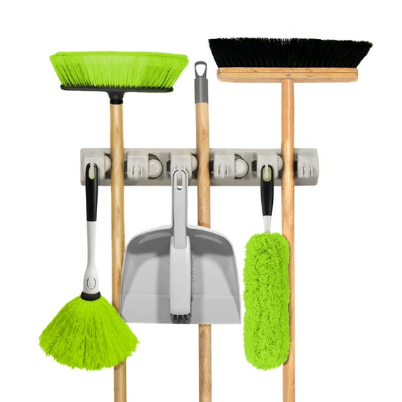 Simplify Multipurpose Hanging Organizer- Holds 5 Brooms 6 Wall Hooks in White