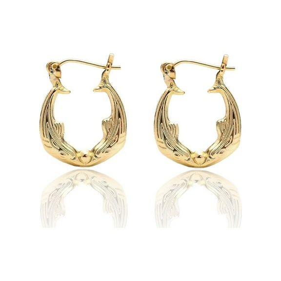 10k Yellow Gold Friendship Love Hoop Earrings with Kissing Dolphin Design