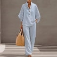 thumbnail image 2 of Cotton Linen Sets for Women Batwing Sleeve Henley Shirt Wide Leg Pants Set Button Down Lounge Matching Sets for Vacation, 2 of 7