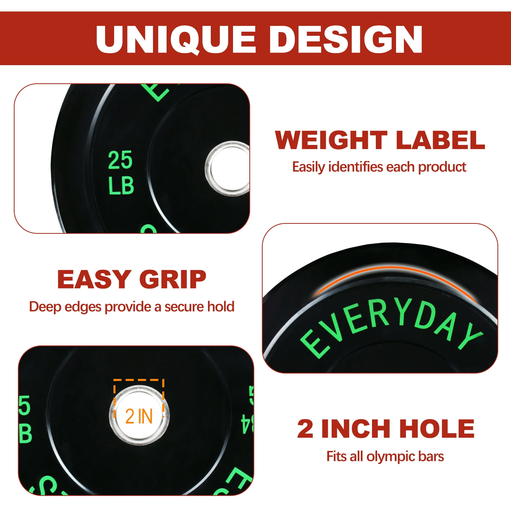 FlexWave 2-Inch Olympic Bumper Weight Plate，with Steel Hub, Black, Multiple Sizes，Single & Pair, for Strength Training & Home Gym