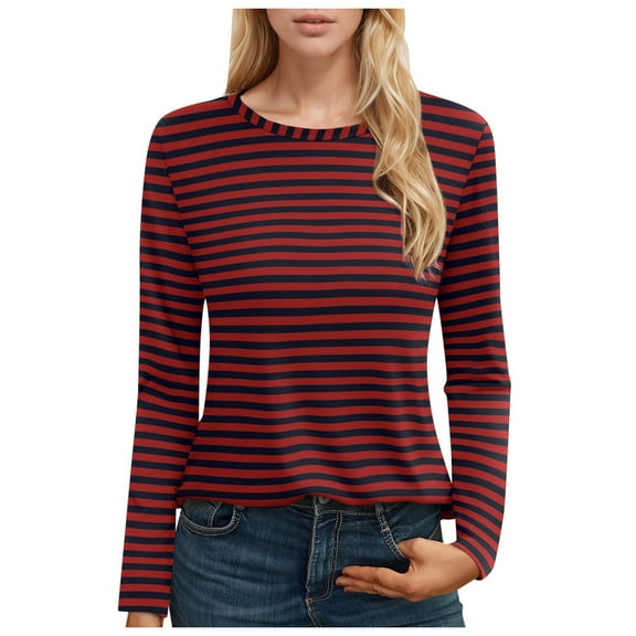 Telankuip Basic Long Sleeve Striped T Shirts for Women Casual Crewneck Slim Fit Pullover Tops Simple and Stylish Color Block Thin Fall Winter Soft Comfy Base Layer Tee Shirts Red XL