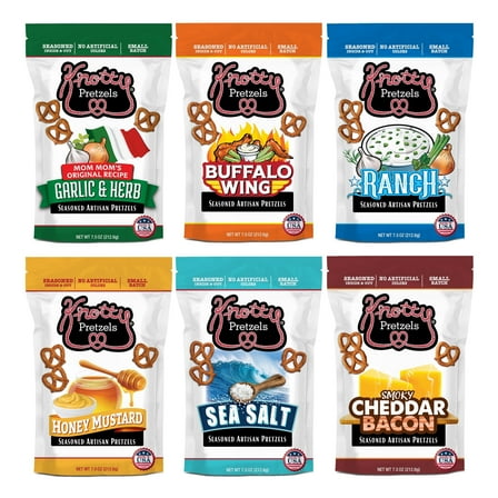 Knotty Pretzels - "The Official Pretzel of Beer" 7.5 Ounce Pretzel in Resealable Snacks Bags - Variety Pack (6 Pack)