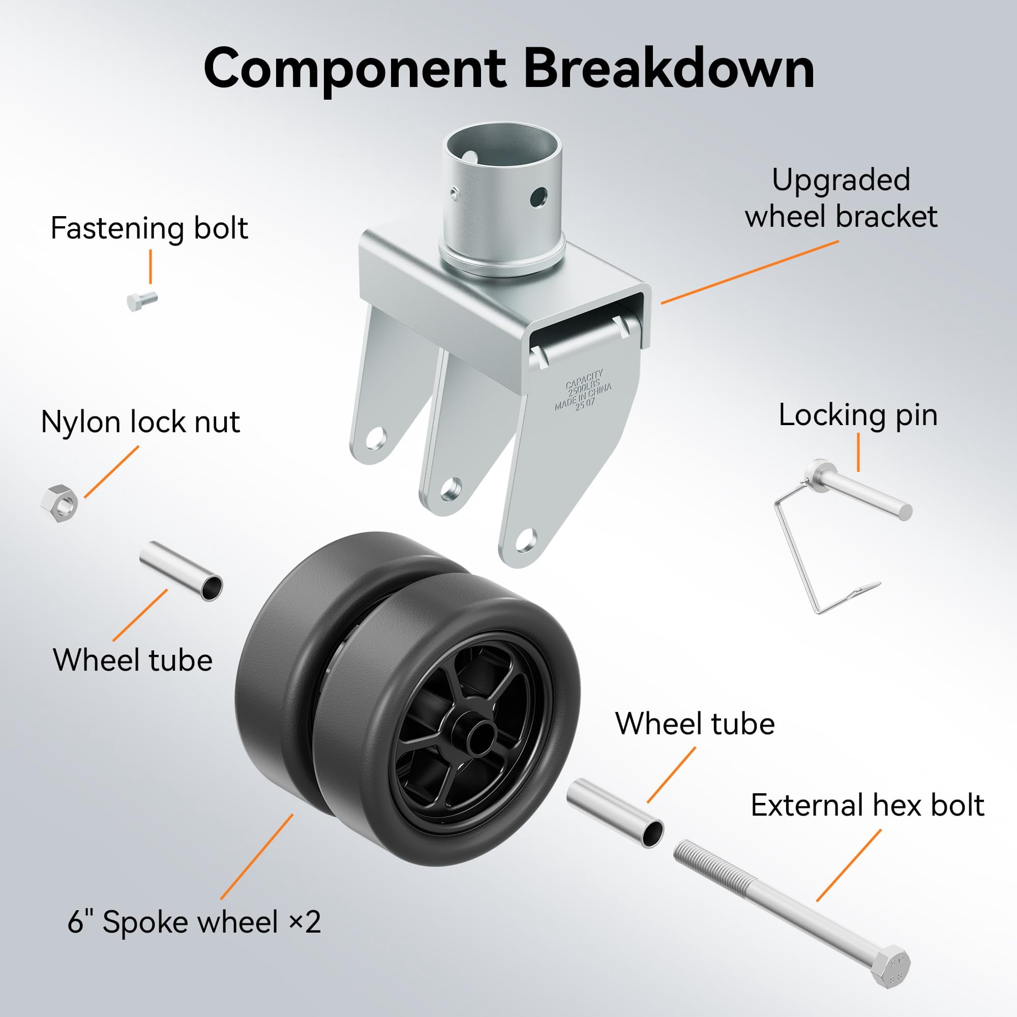 TOWKING 2,500lbs Dual 6" Trailer Jack Swivel Caster with Upgraded Spoked Wheels and Reinforced Bracket, Silver