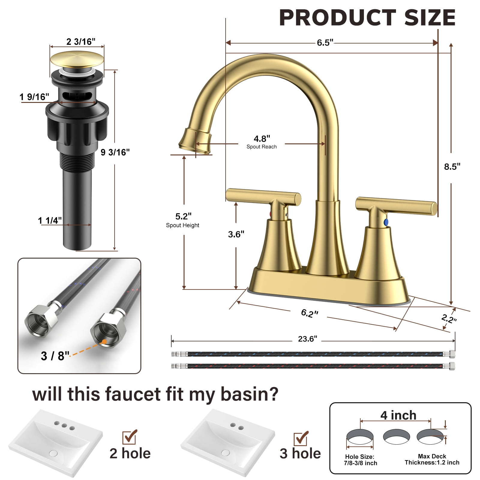 KINGTACK Bathroom Sink Faucet, 4 inch 2-Handle Gold Bathroom Faucet with Pop-up Drain and 2 Supply Hoses, Fits 2 or 3-hole Sink