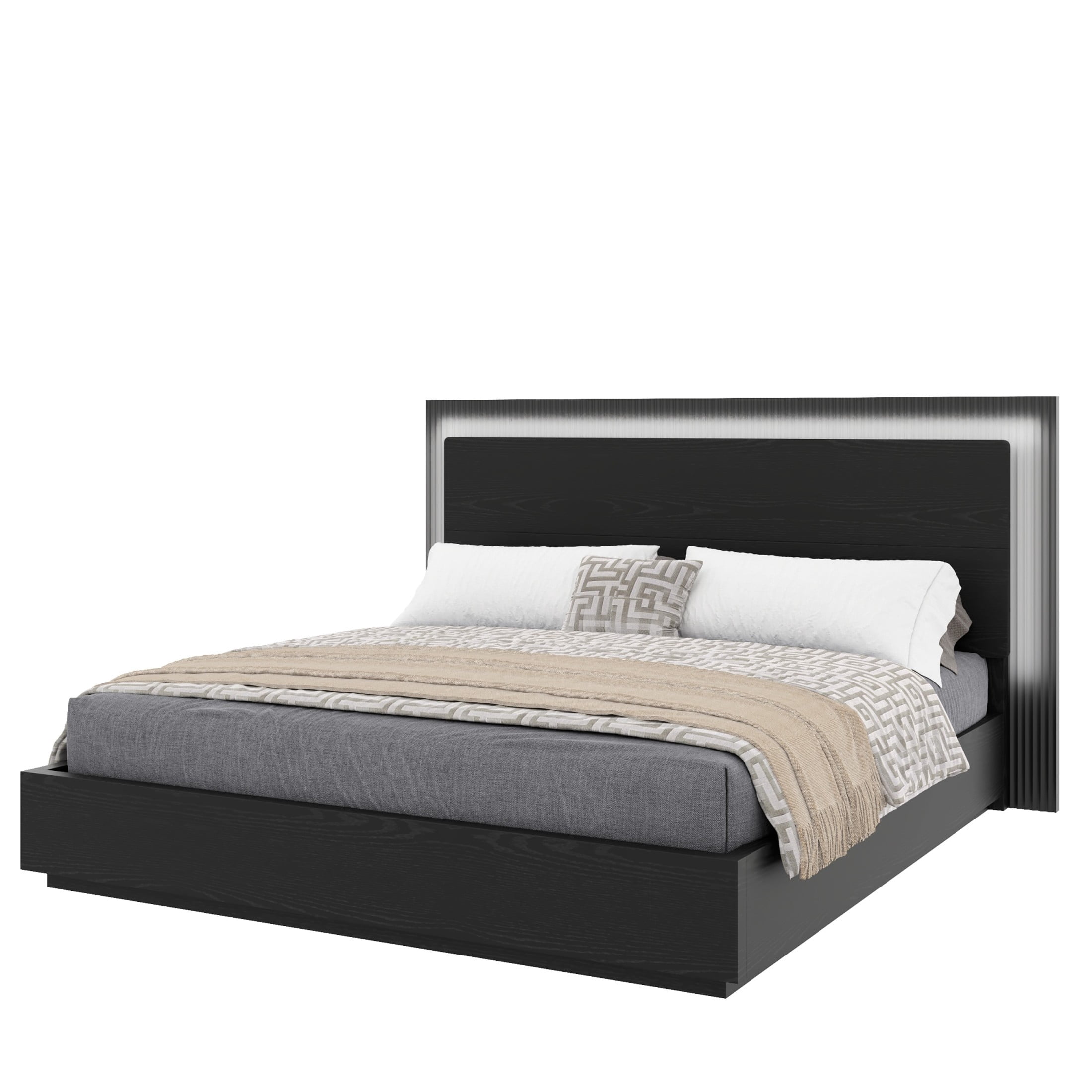 Noble House Queen Wood Platform Bed Frame with LED Headboard, Modern Mattress Foundation with Center Support, Black