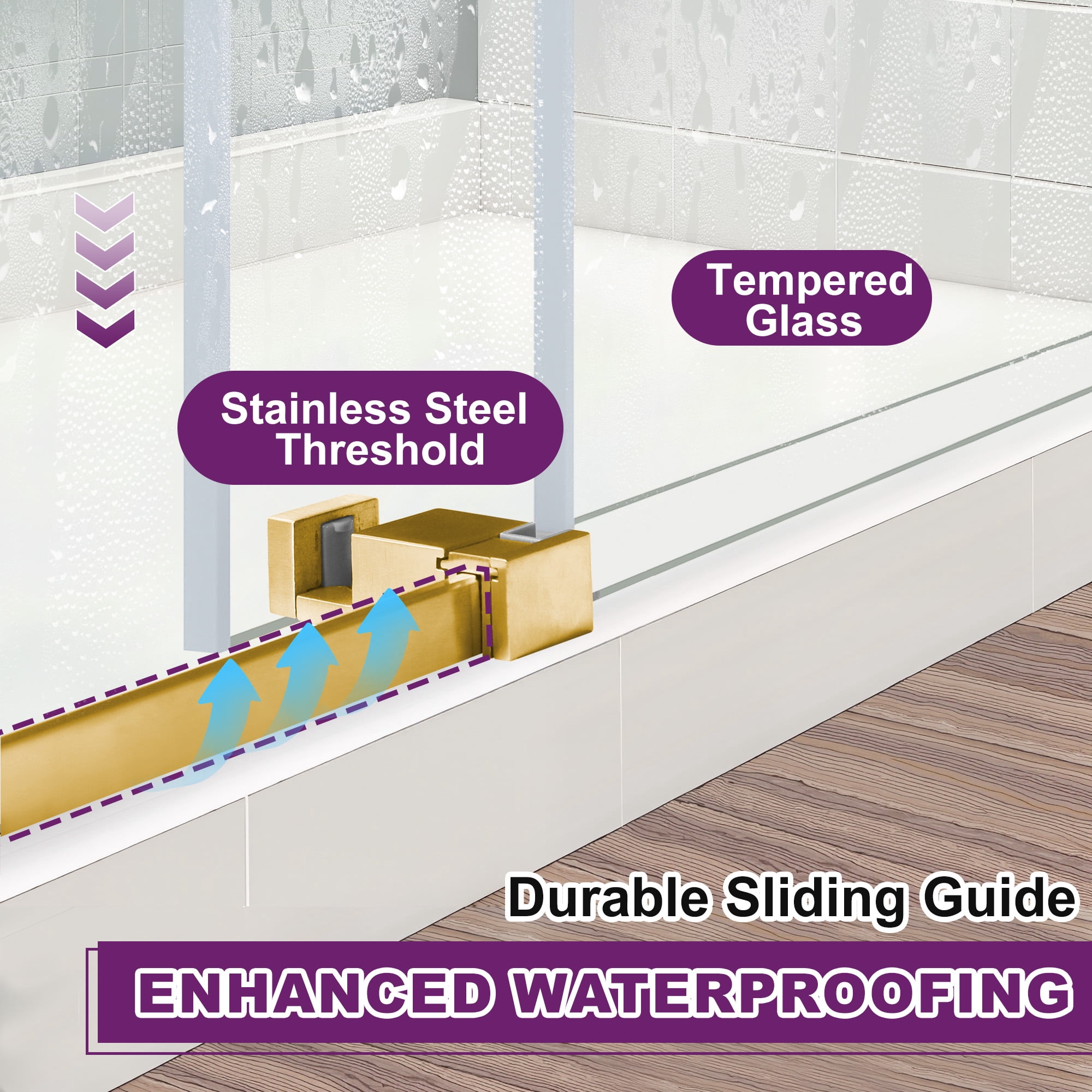 MAYEERTY 60x66 Frameless Sliding Bathtub Shower Door, Stainless Steel Tempered Glass Shower Door with Anti-Water Seal, Gold