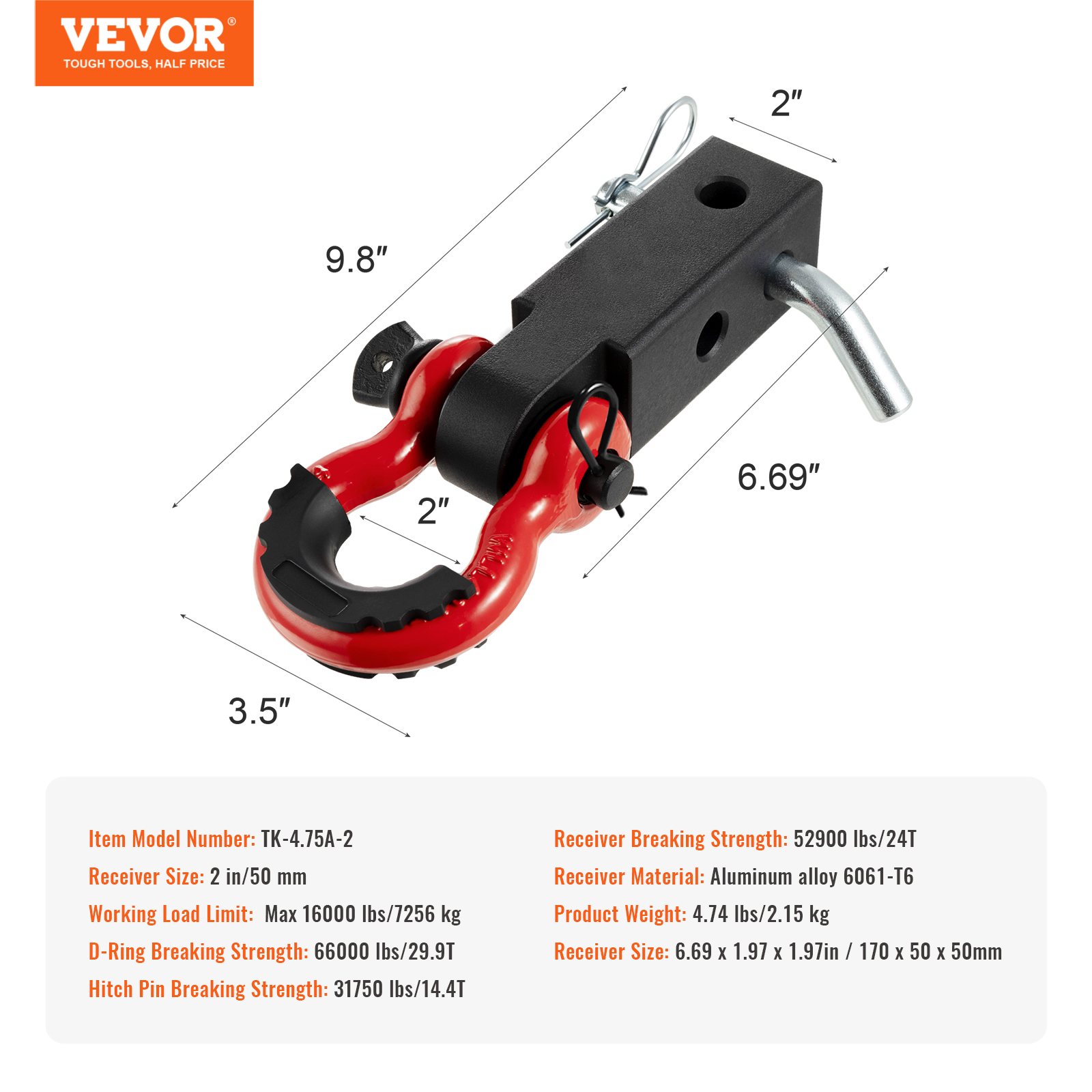 VEVOR Shackle Hitch Receiver 2", 66000 lbs Breaking Strength, D Ring Shackle with Trailer Hitch Lock Pin, Heavy Duty Towing Accessories for Trucks, Jeeps, Off-Road Vehicle Recovery, Aluminum Alloy
