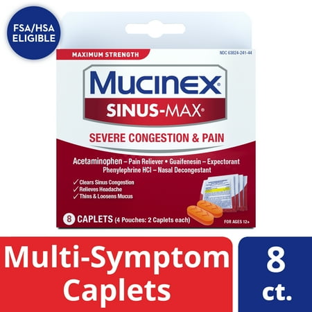 Mucinex Sinus-Max Maximum Strength Severe Congestion & Pain, Sinus Symptom Relief, Pain Reliever, Expectorant and Nasal Decongestant, 8 Caplets