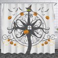 thumbnail image 1 of Spooky Halloween Shower Curtain - Witch Hat Tree, Pumpkins & Bats Design, 1 of 5