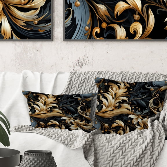 DESIGN ART Designart "Black And Gold Damask Flower Blossoms I" Damask Printed Throw Pillow 16 x 16