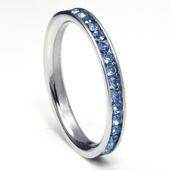 316L Stainless Steel Tanzanite Blue Cubic Zirconia CZ Eternity Wedding 3MM Band Ring Sz 7