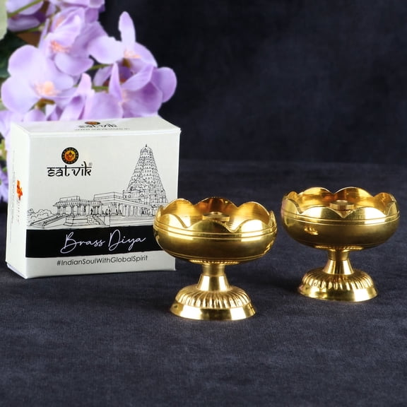 SATVIK Brass Tomato Nanda Diya Set of 2 Traditional Oil Lamp for Pooja Aarti Diwali Decoration and Home Temple Use