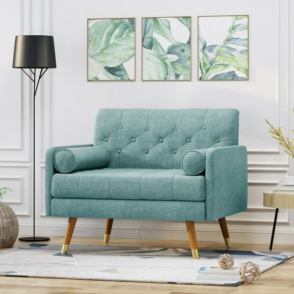 Mid-Century Modern Loveseat, Tufted Fabric Upholstered Sofa with Long Pillows & Wooden Legs for Living Room – Blue