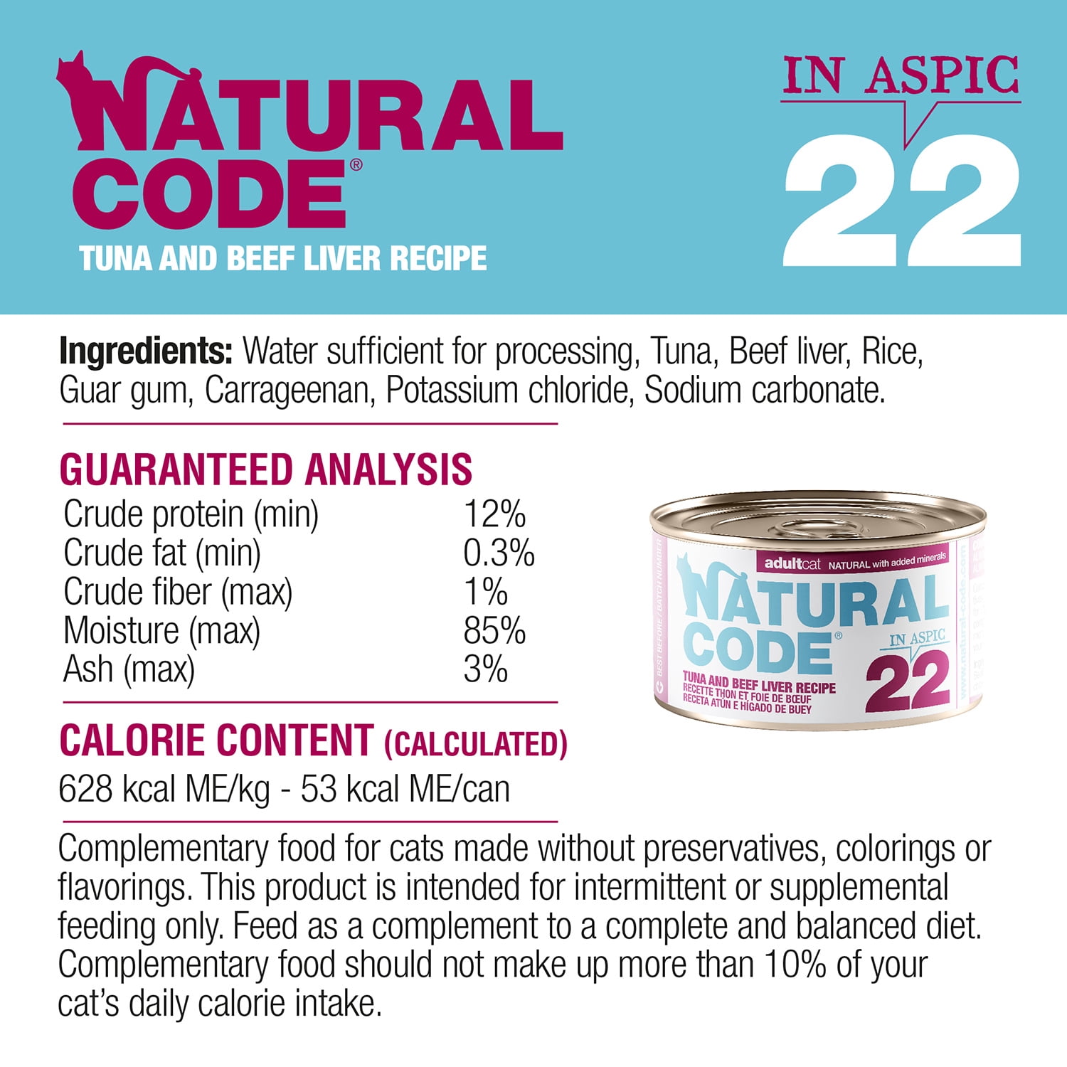 Natural Code - Wet Cat Food, Limited Ingredient Cat Food, High-Protein, Non-GMO, No Artificial Additives, Made In Italy, Tuna and Beef Liver in Aspic for Adult Cats (3 oz, 24 Pack)
