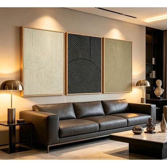 Framed-Large 3D Texture Wall Art Set of 3,UV Printing Neutral Line Canvas Prints,Minimalist Abstract Geometric Pictures for Living Room Bedroom Wall Decor