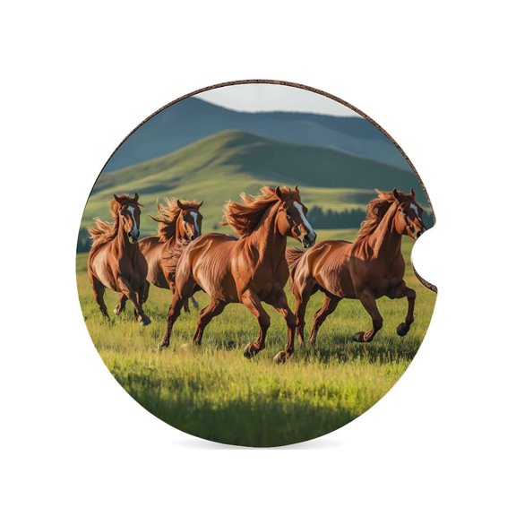 Horses Running on The Grassland Car Coasters for Drinks with A Finger Notch for Easy Removal Cup Holder Coaster Cute Car Interior Accessories 1PCS