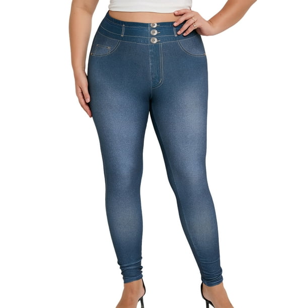 Avamo Women Plus Size Leggings Skinny Fake Jeans High Waist Faux Denim Pant  Breathable Pencil Pants Sport Trousers Dark Blue 6XL 