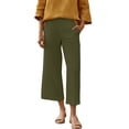 thumbnail image 3 of SROBPTY Women Solid Linen Elastic Waist Straight Leg Cropped Casual Trousers Army Green, S, 3 of 5
