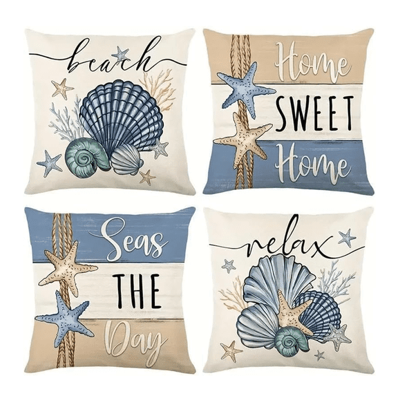 Beach Theme Throw Pillow Covers, 18x18 inches, Set of 4, Coastal Seashell and Starfish Design, Decorative Linen Cases for Living Room
