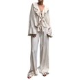 thumbnail image 3 of Women Ruffle V Neck Tie Front Flare Sleeve Crop Shirt Wide Leg Pants 2 Piece Casual Outfit Set Color S, 3 of 10