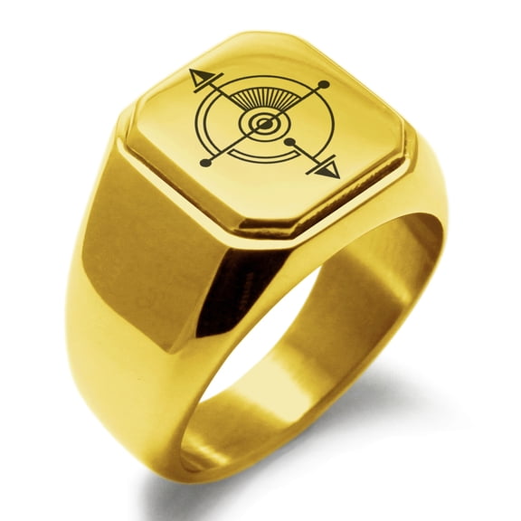 Stainless Steel Sacred Geometric Compass Engraved Square Flat Top Biker Style Polished Signet Ring