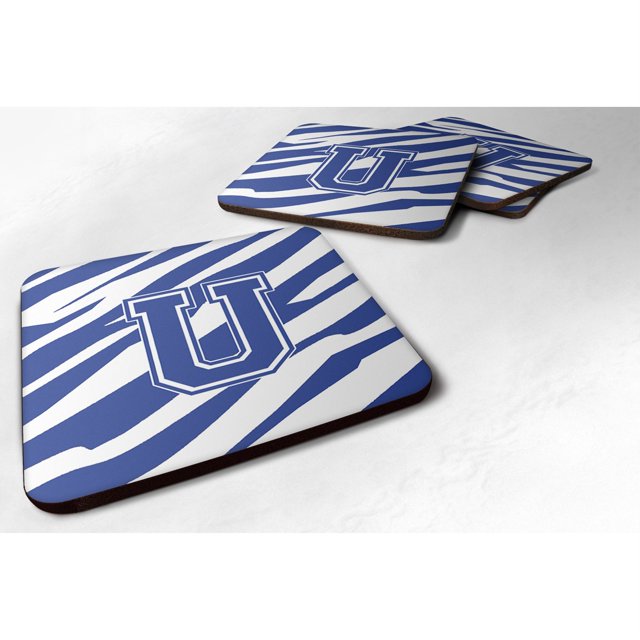 "Treasures CJ1034-UFC Monogram-Tiger Stripe posavasos de espuma azul y blanca (juego de 4), letra inicial U, 3.5"" H x 3.5"" W, multicolor" Caroline's Treasures CJ1034-UFC