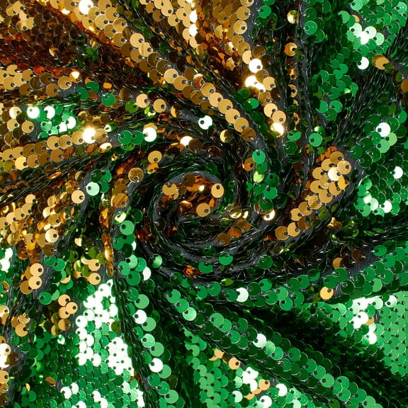 Reversible Two-Sided Sequins Fabric on Stretch Mesh 52" Wide By The Yard (Gold / Kelly Green)
