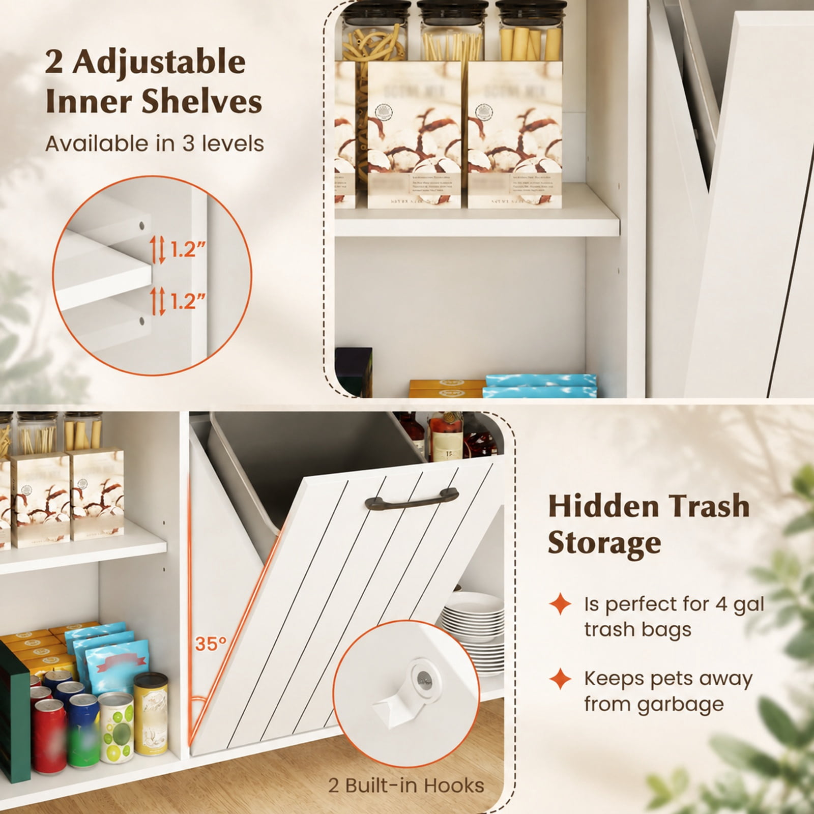 Furnibear Mobile Kitchen Island Table with Trash Bag Storage Adjustable Cabinets Spice Rack and Drawers for Dining Rooms, White