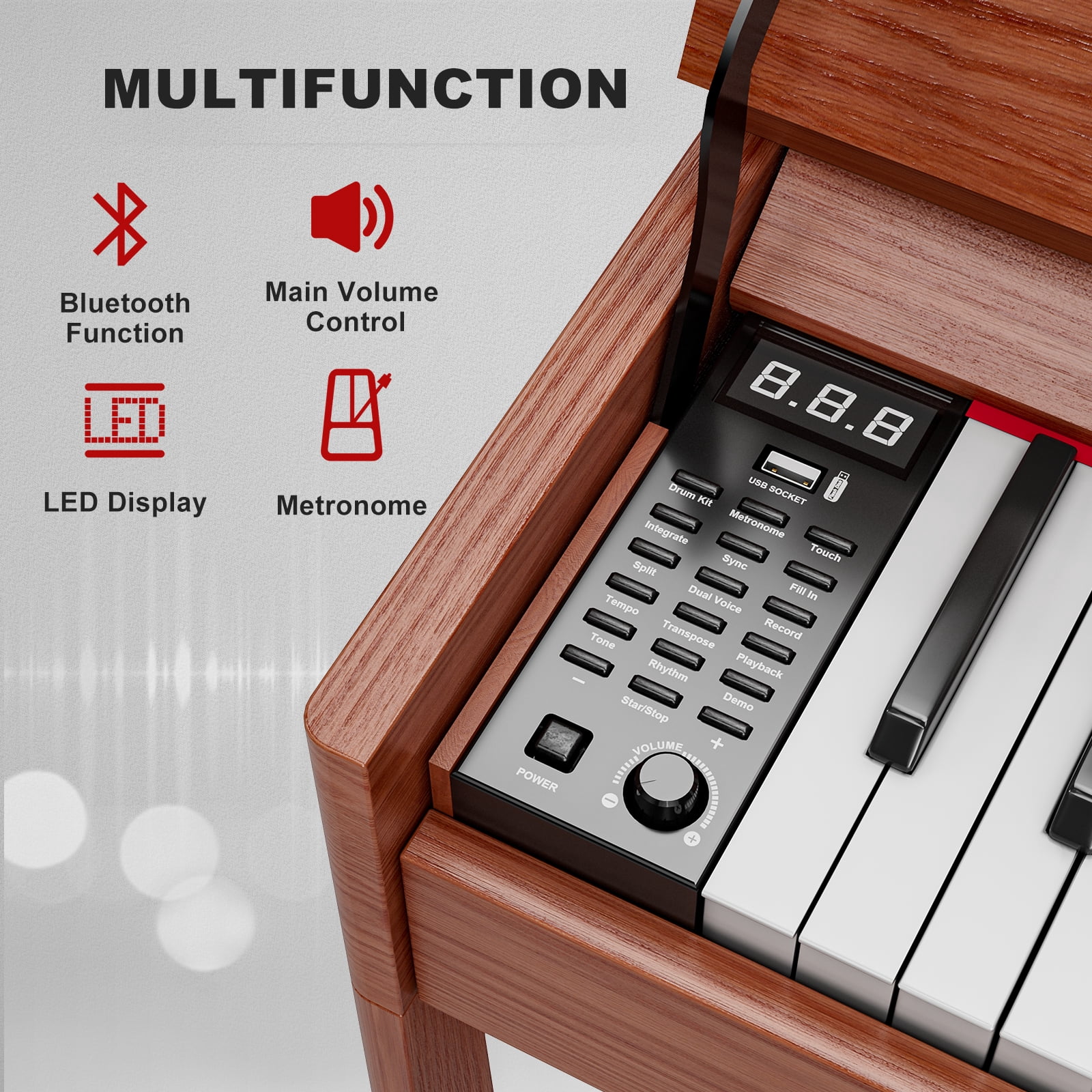 UMOMO 88 Weighted Key Digital Piano with Duet Piano Bench, Beginner Keyboard Piano Full Size Heavy Hammer Weighted Action Electric Piano Keyboard with USB MIDI, Brown
