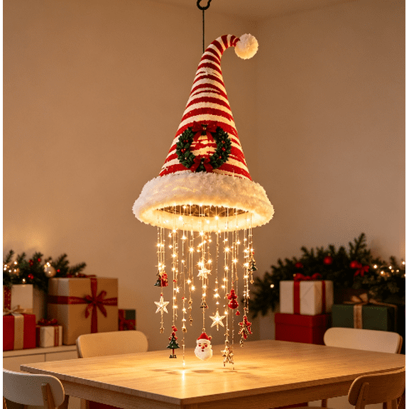 Lighted Candy Cane Striped Wreath Hat Hanging Chandelier, Whimsical Christmas LED Hanging Light, Festive Wall Porch Ornament for Holiday Gathering