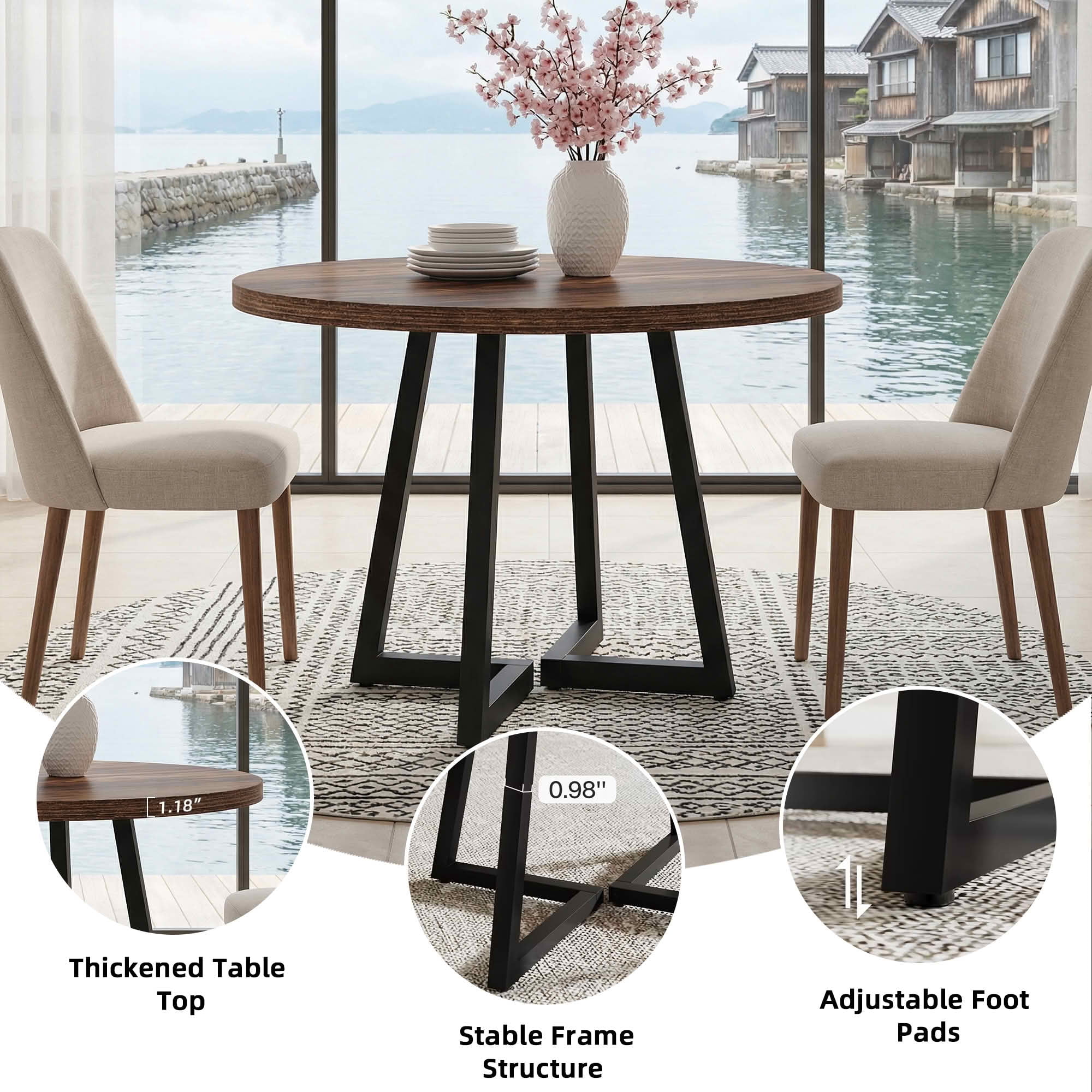 MAYEERTY 31.5 Inch Round Industrial Dining Table, Vintage Brown Wood Kitchen Dinner Table with Black Metal Base for 2 People