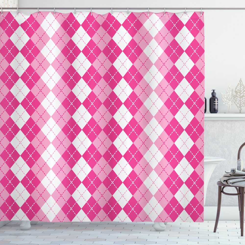Pink and White Shower Curtain, Traditional Argyle Design with Rhombuses and Dashed Lines, Fabric