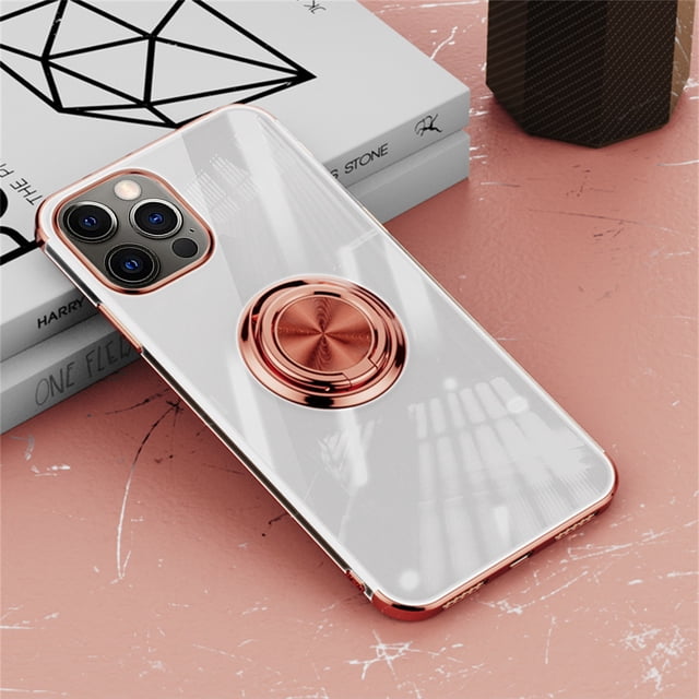 EGNMCR For 12 Pro Max Clear Ultra Slim Soft Electroplated Frame Case Ring Stand phone cover