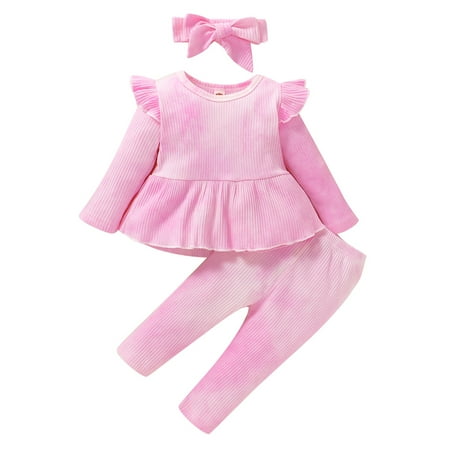 

NZRVAWS Baby Girls Outfits Long Sleeve Ruffle Sleeve Round Neck Tie-dye Top +Tie-dye Pants 2PCS Clothes Set 18-24 Months Pink