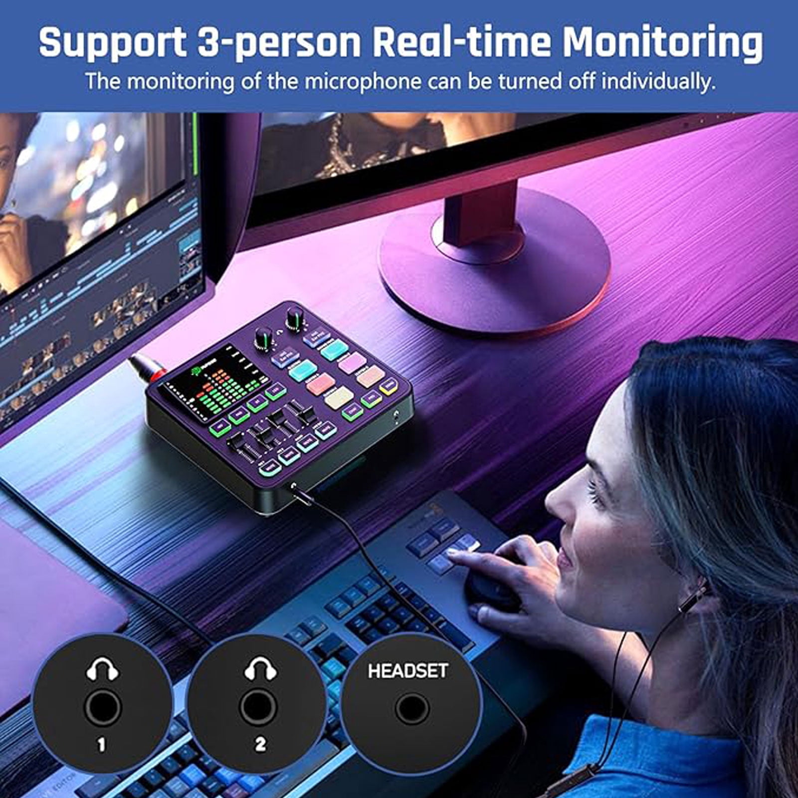 Gaming Audio Mixer, 4 Channel Pc Audio Interface, ABS Sound Card with 1/4 Inch Trs Port, Preamplifier, Noise Reduction, Rgb, Voice Changer, Bluetooth, for Streaming Podcast Gaming