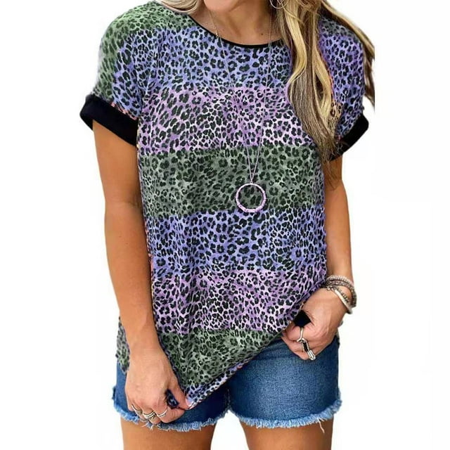 Nouveau T-Shirt à Manches Courtes Léopard pour Femmes Nouvelle Mode T-Shirt de Rue Grande Taille Col Rond Ample Décontracté