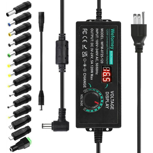 ORUYROP Alimentation Universelle 120W Réglable DC 3V - Adaptateur AC/DC à Commutation Variable 24V 100V-240V AC vers DC 24V 5A Convertisseur avec 14 Pointes & Convertisseur de Polarité-5000ma Max