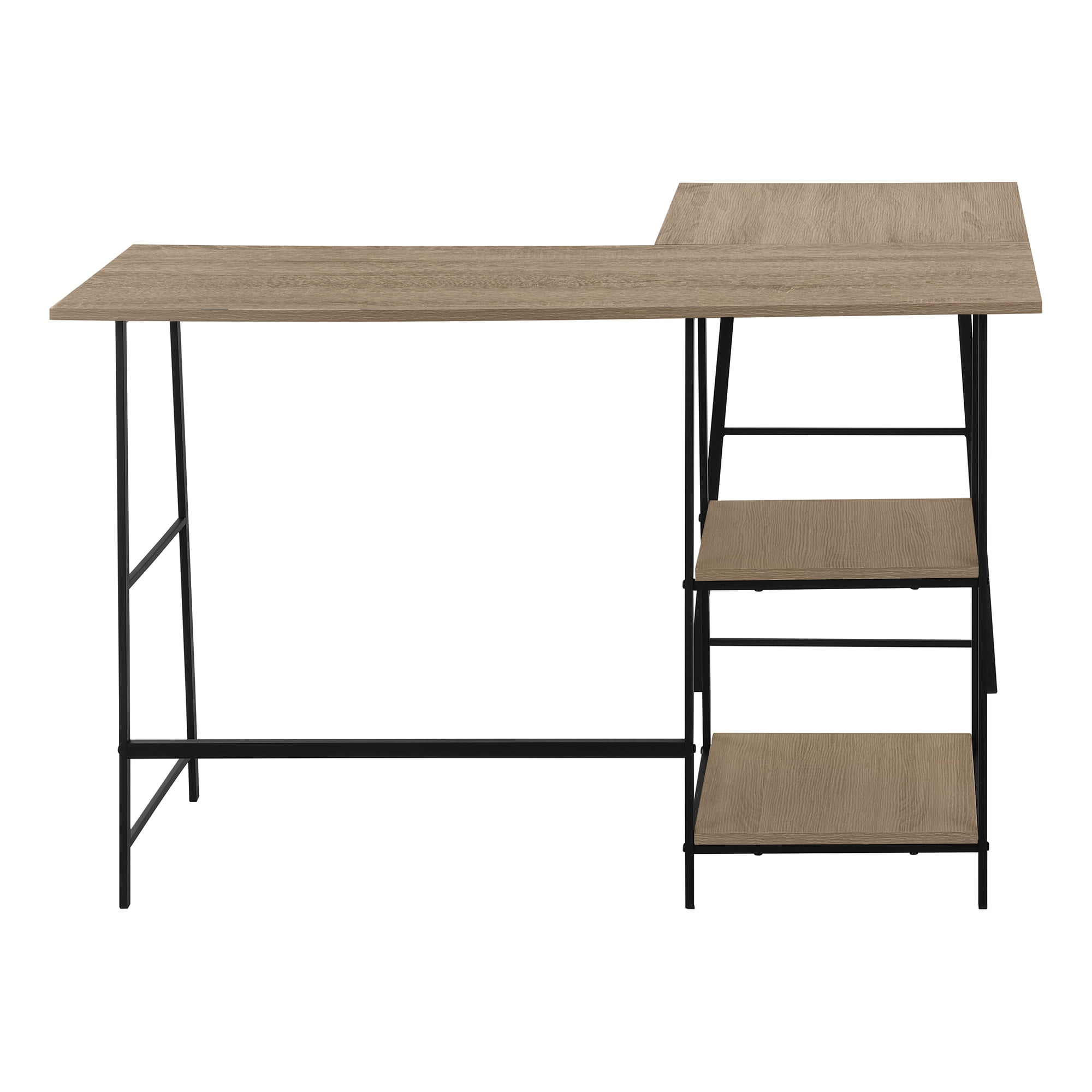 48 Inch L Shaped Dark Taupe Computer Desk with Black Sawhorse Legs and Shelves