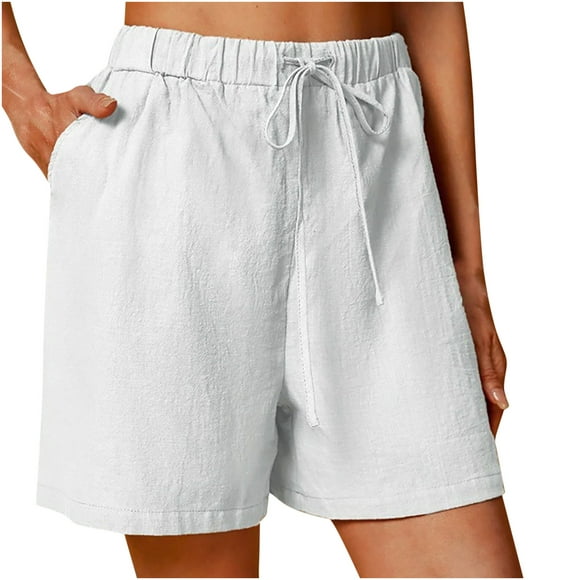 Women's Cotton Linen Shorts Solid Color Comfortable Elastic Waist Drawstring Wide Leg Lounge Shorts for Workout Running